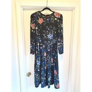 VTG 80s 90s Women’s Dress Size 14 Black Floral Pleated Long Sleeve Retro Modest